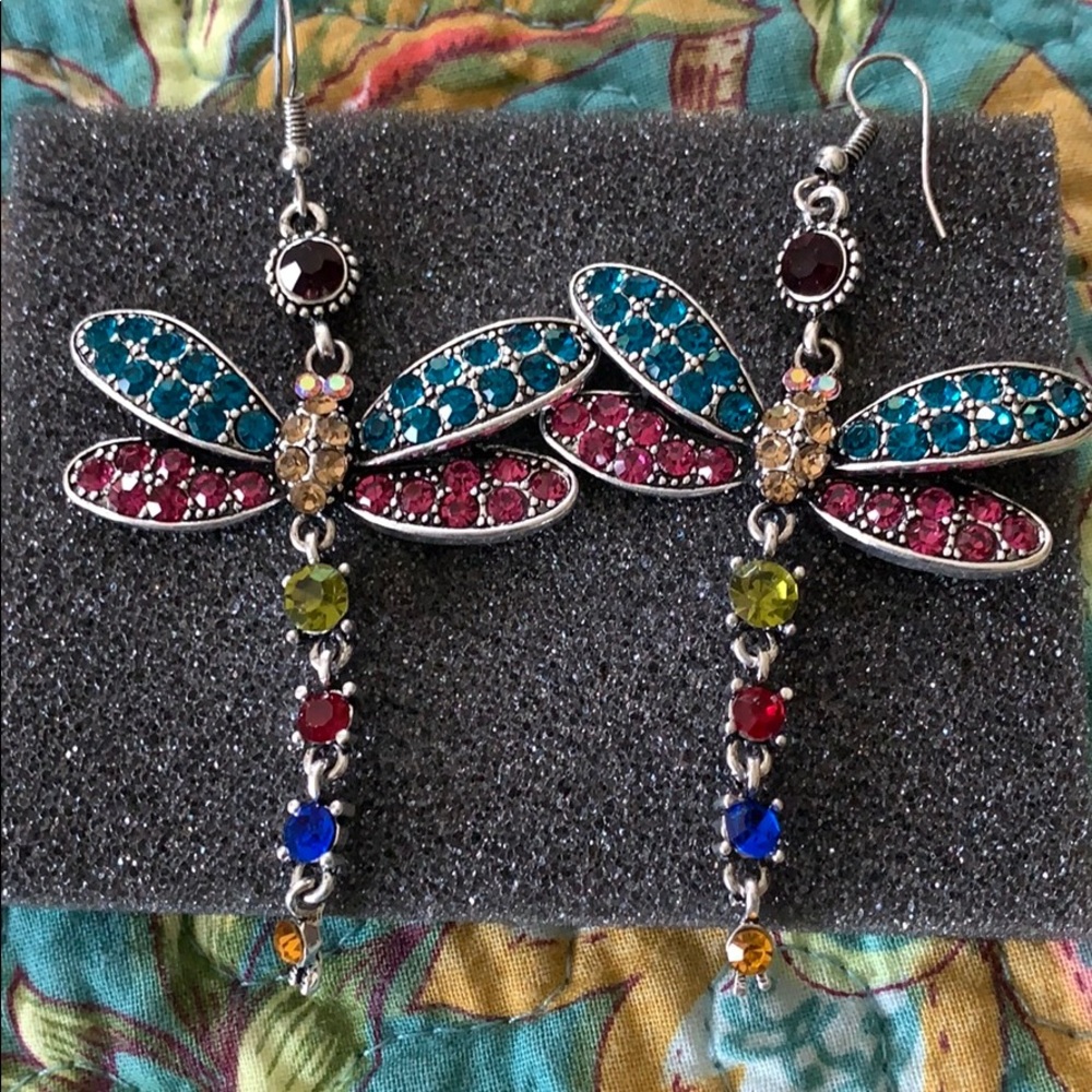 Dragon Fly Crystal Rhinestone Dangle Earrings - Picture 3 of 6